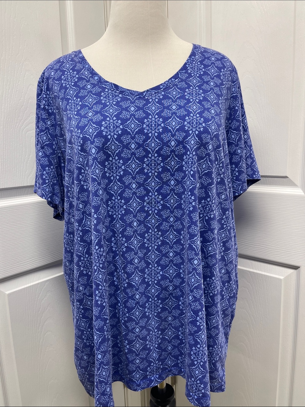 Woman Within Blue Cotton V-Neck Short Sleeve Top 2X 26/28